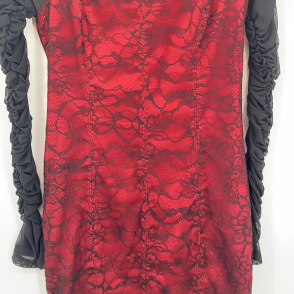 Bebe Red Black Lace Overlay Bodycon Dress Size XS - Picture 3 of 16